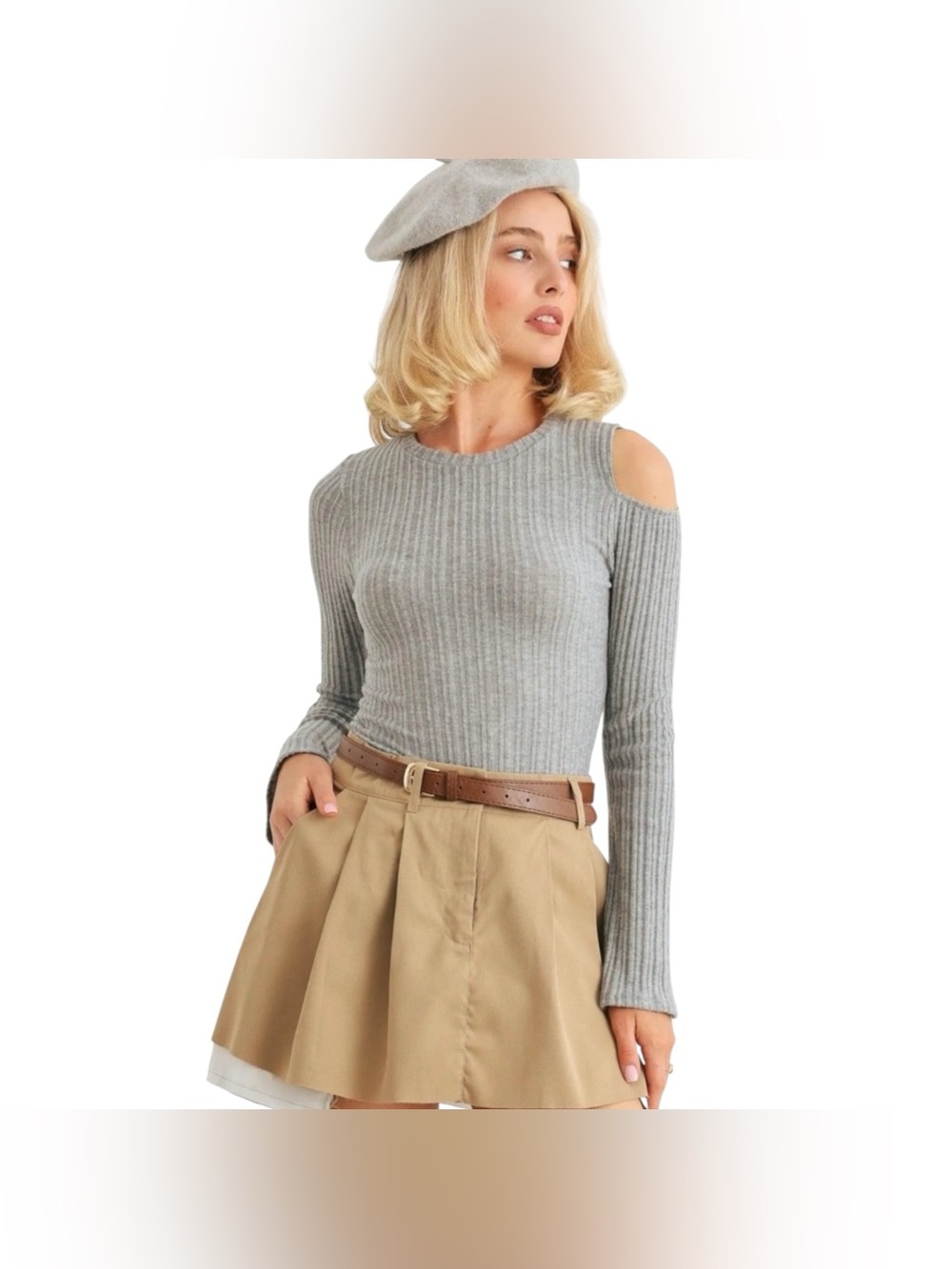 LE LIS Heather Grey Ribbed Bell Sleeve Cold Shoulder Bodysuit size small NWT
